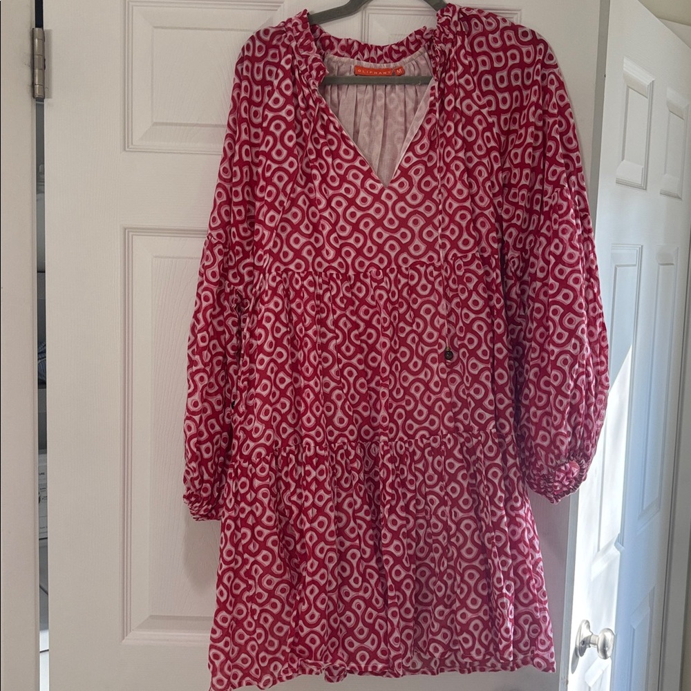 Oliphant Red and Pink Balloon Sleeve Tiered Mini Dress Size Medium